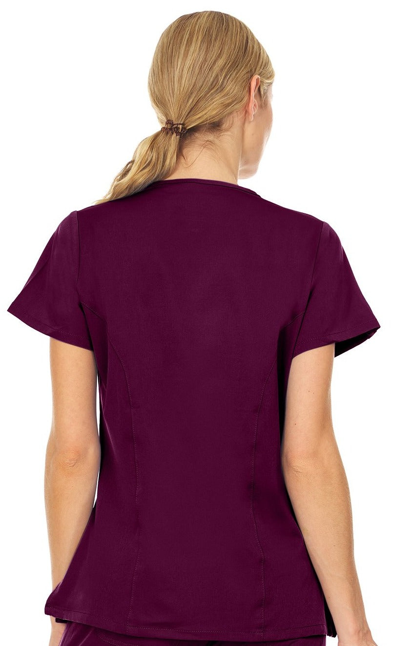 The back of a wine color Scrub top