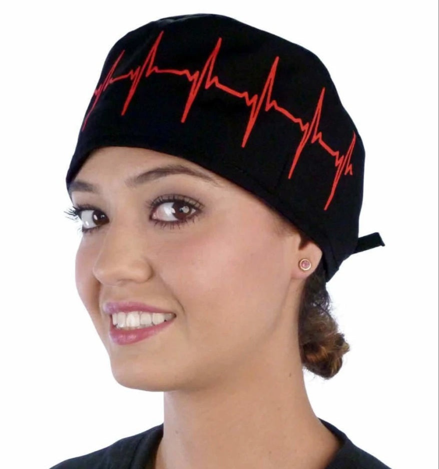 Surgical Scrub Cap - Red EKG on Black